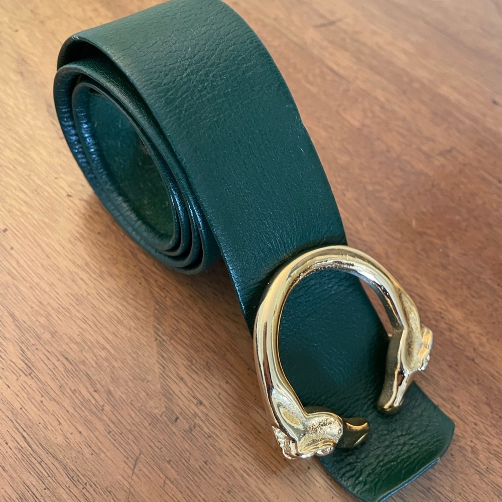 Vintage 80s Brass & Leather Animal Horse Head Belt with Buckle